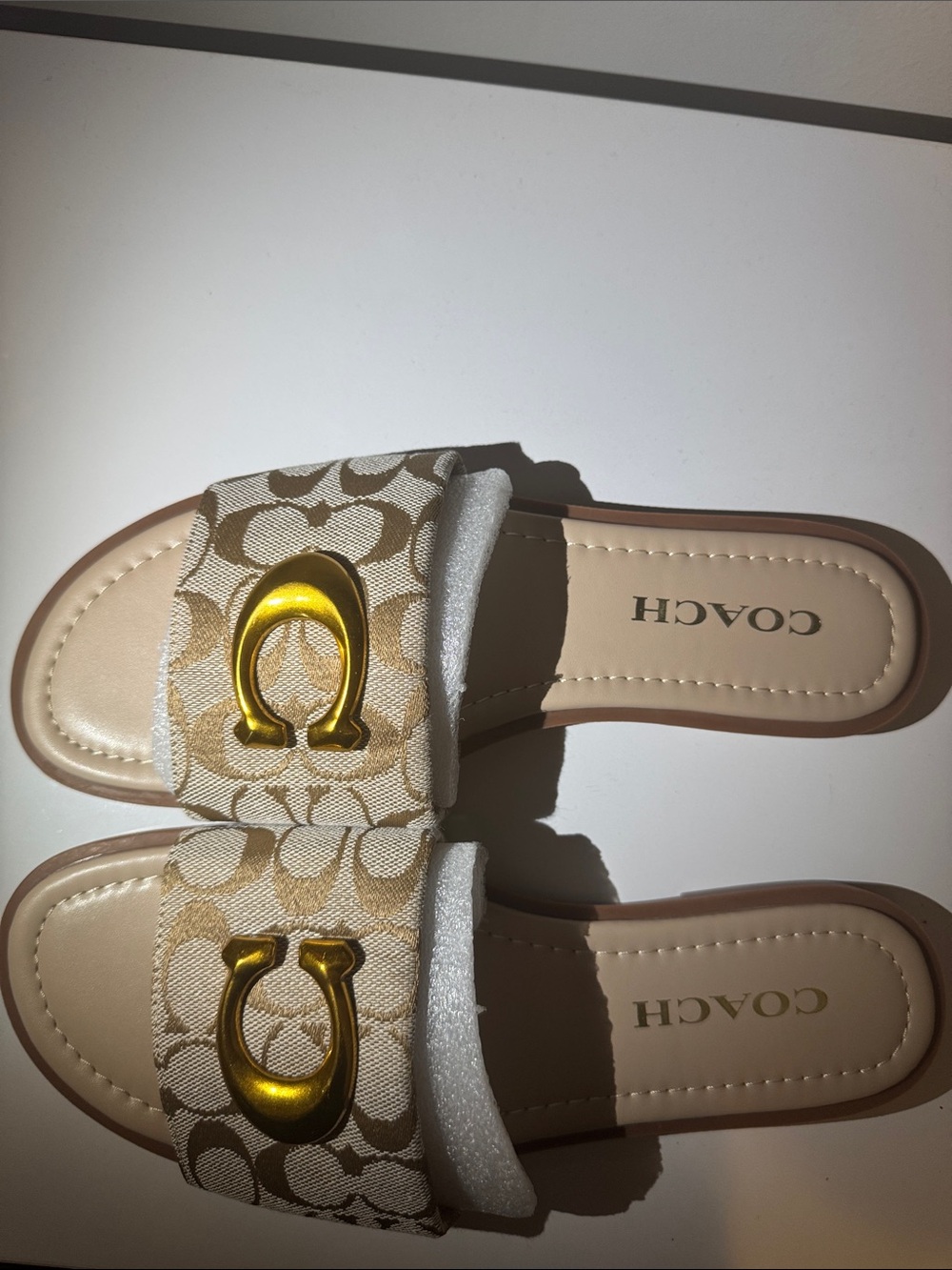 Coach Beige Monogram Slide Sandals with Gold C Hardware - Picture 2 of 5